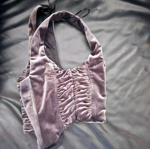 Zara Velour Velvet Metal Gray Stretchy Corset Ruched Crop Top Sz M - Picture 9 of 9